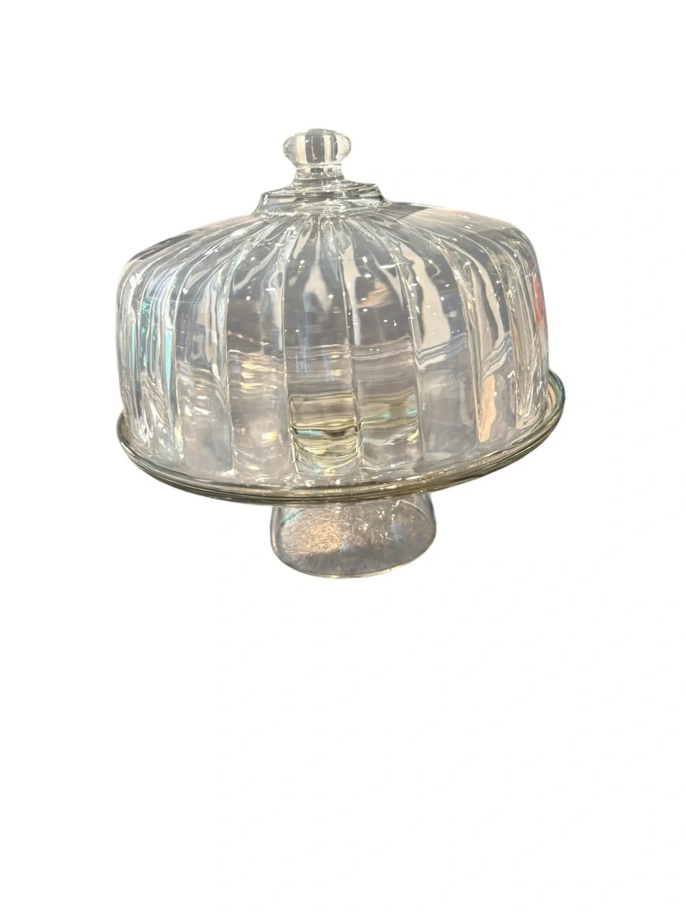 Vintage Clear Ribbed Glass Pedestal Cake Stand with Dome Lid / Cloche Farmhouse
